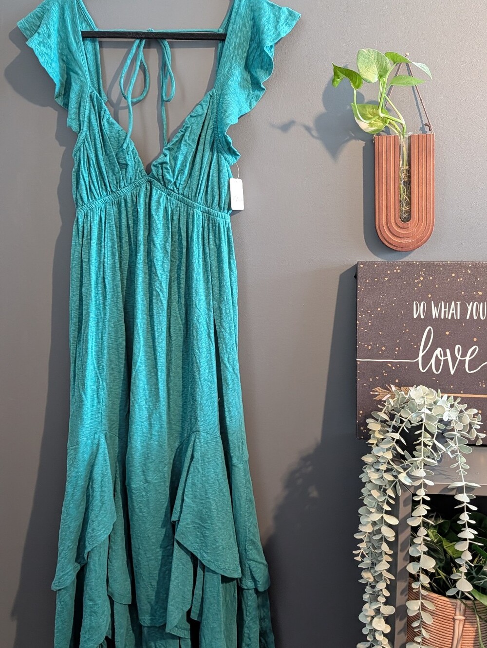 NWT Free People Teal Cotton Tiered Ruffle Maxi Dress Free-est